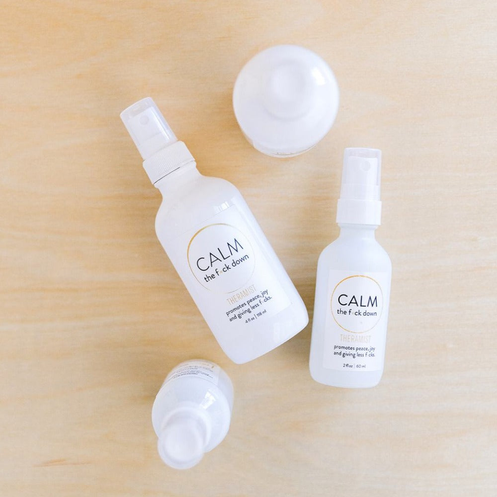 Calm the F*ck Down Our best seller is now available in an adorable 2 oz size bottle! Organic lavender and tangerine essential oils, calming Flower Essences, and water. It's the perfect size for travel, your purse, or a fun & unique gift.
