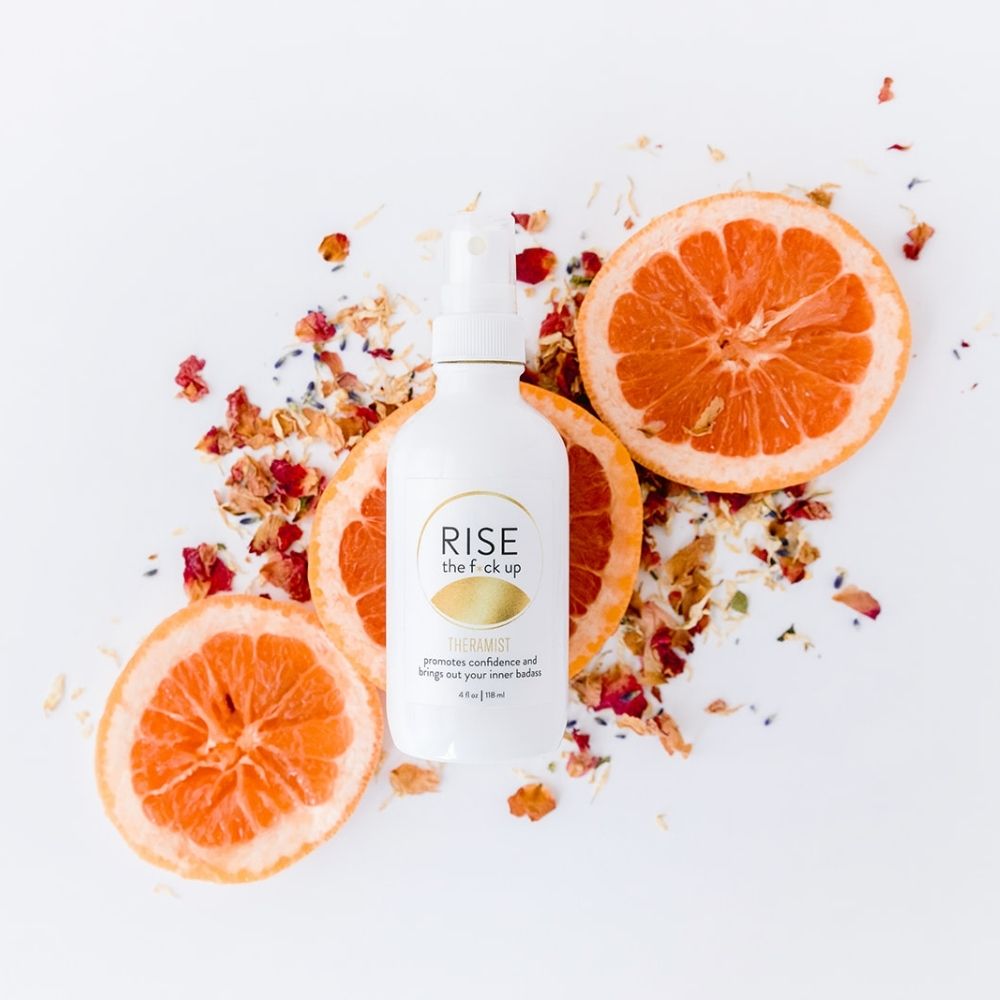 Rise The F*ck Up Theramist is made with organic grapefruit and cardamom essential oils, Flower Essences, and water. It promotes confidence and brings out your inner badass. This mist can be sprayed on yourself, in your office, or in your CEO workspace. Shake well, spritz, and stand in your f*cking power, sister!