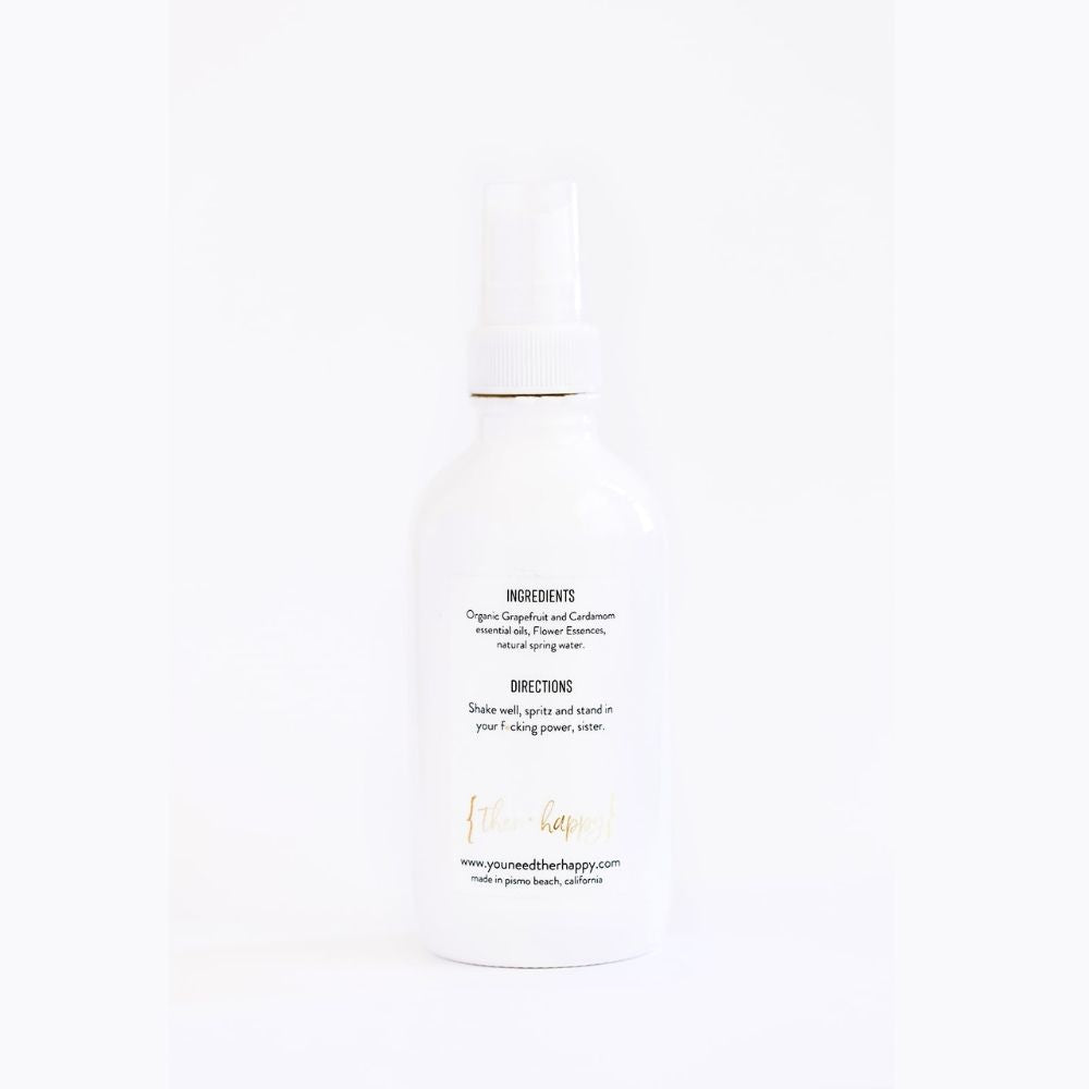 Rise The F*ck Up Theramist is made with organic grapefruit and cardamom essential oils, Flower Essences, and water.  It promotes confidence and brings out your inner badass.  This mist can be sprayed on yourself, in your office, or in your CEO workspace.  Shake well, spritz, and stand in your f*cking power, sister!