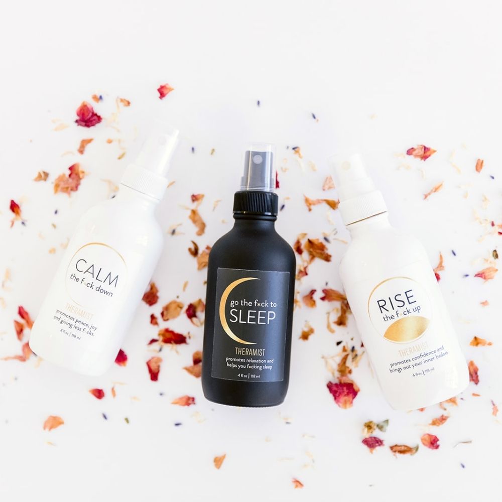 The Sanity-Saver Gift Set includes full-size bottles of Calm The F*ck Down, Go The F*ck To Sleep, and Rise The F*ck up. This trio makes the best gift to send to friends in f*cking need, or to have on hand for yourself when sh*t hits the fan. All sprays can be used on your linens, in your room, or on yourself. When you can’t get to a f*cking therapist, theramist.