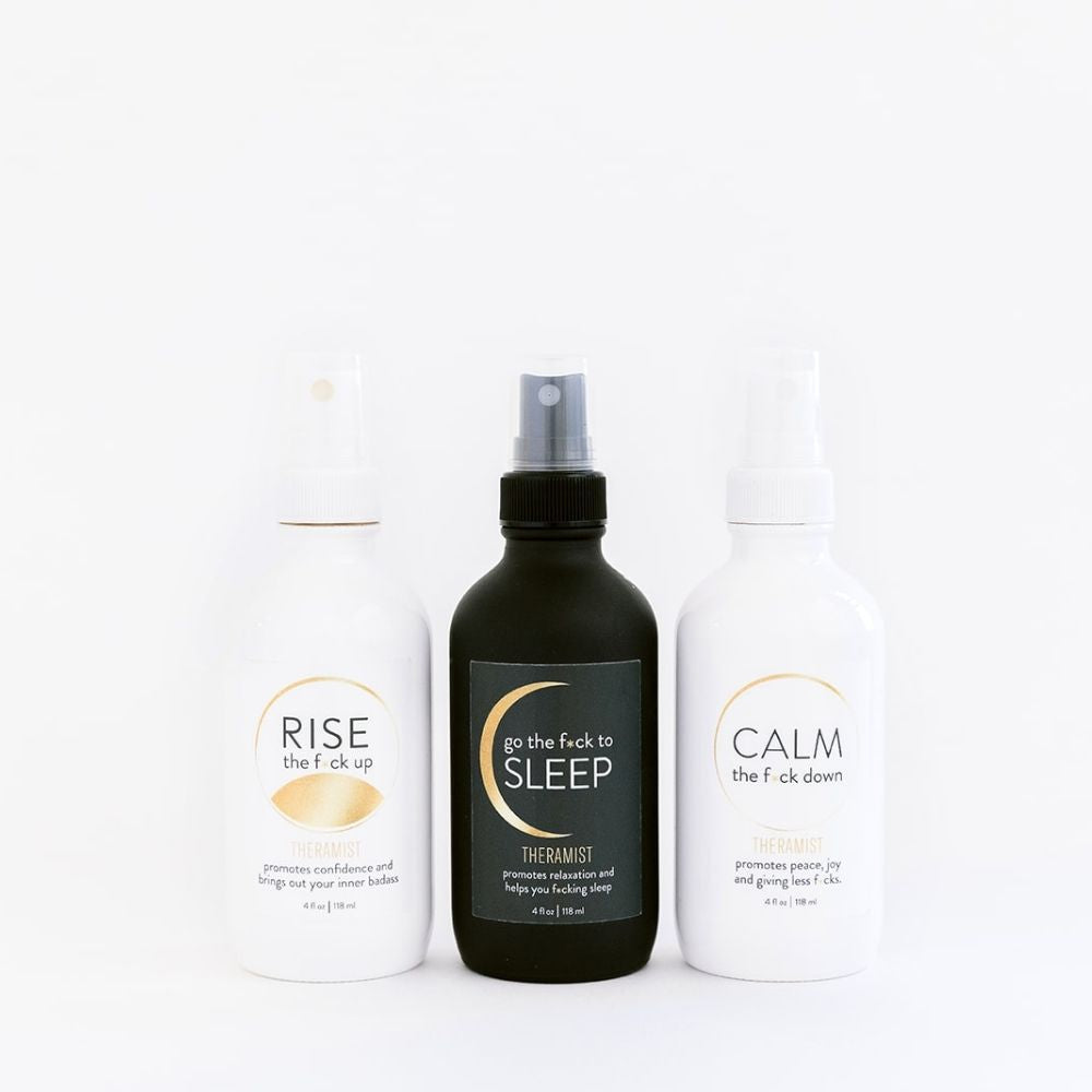 The Sanity-Saver Gift Set includes full-size bottles of Calm The F*ck Down, Go The F*ck To Sleep, and Rise The F*ck up. This trio makes the best gift to send to friends in f*cking need, or to have on hand for yourself when sh*t hits the fan. All sprays can be used on your linens, in your room, or on yourself. When you can’t get to a f*cking therapist, theramist.