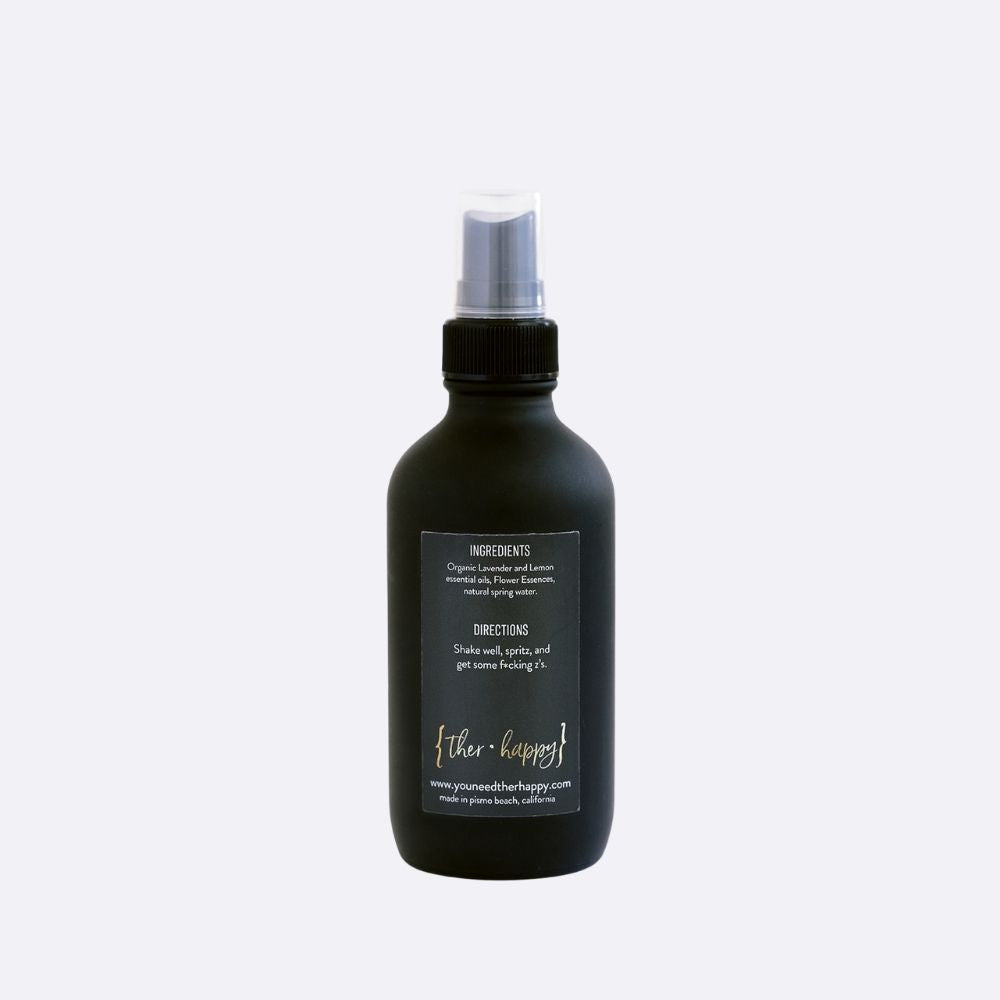 Go The F*ck To Sleep therapeutic mist is made with organic lavender and lemon essential oils, calming Flower Essences, and water. It promotes relaxation and helps you f*cking sleep. Spray it in your bedroom, on yourself, or on your linens before bed. Shake well, spritz, and get some f*cking