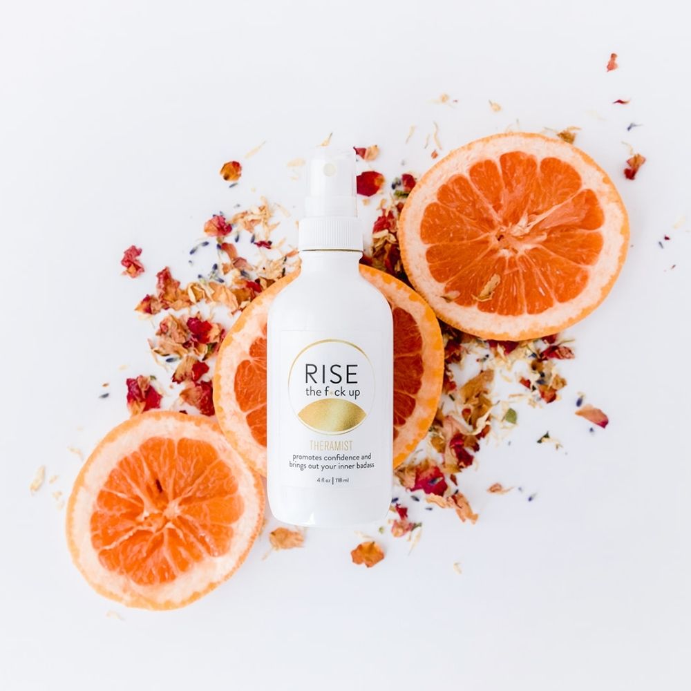 Rise The F*ck Up Theramist is made with organic grapefruit and cardamom essential oils, Flower Essences, and water.  It promotes confidence and brings out your inner badass.  This mist can be sprayed on yourself, in your office, or in your CEO workspace.  Shake well, spritz, and stand in your f*cking power, sister!