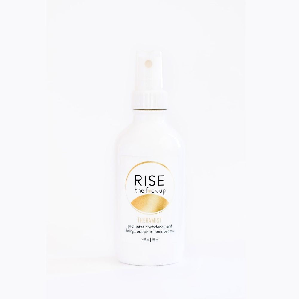 Rise The F*ck Up Theramist is made with organic grapefruit and cardamom essential oils, Flower Essences, and water.  It promotes confidence and brings out your inner badass.  This mist can be sprayed on yourself, in your office, or in your CEO workspace.  Shake well, spritz, and stand in your f*cking power, sister!