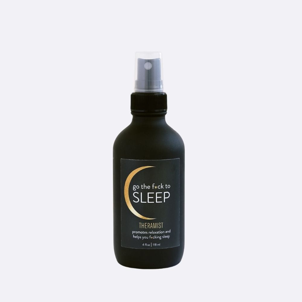 Go The F*ck To Sleep therapeutic mist is made with organic lavender and lemon essential oils, calming Flower Essences, and water.  It promotes relaxation and helps you f*cking sleep.  Spray it in your bedroom, on yourself, or on your linens before bed.  Shake well, spritz, and get some f*cking