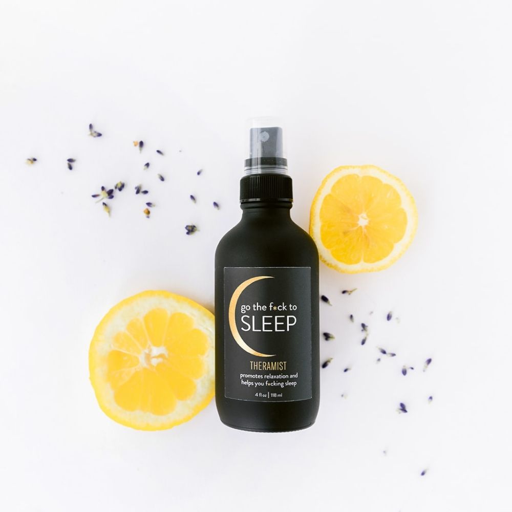 Go The F*ck To Sleep therapeutic mist is made with organic lavender and lemon essential oils, calming Flower Essences, and water.  It promotes relaxation and helps you f*cking sleep.  Spray it in your bedroom, on yourself, or on your linens before bed.  Shake well, spritz, and get some f*cking
